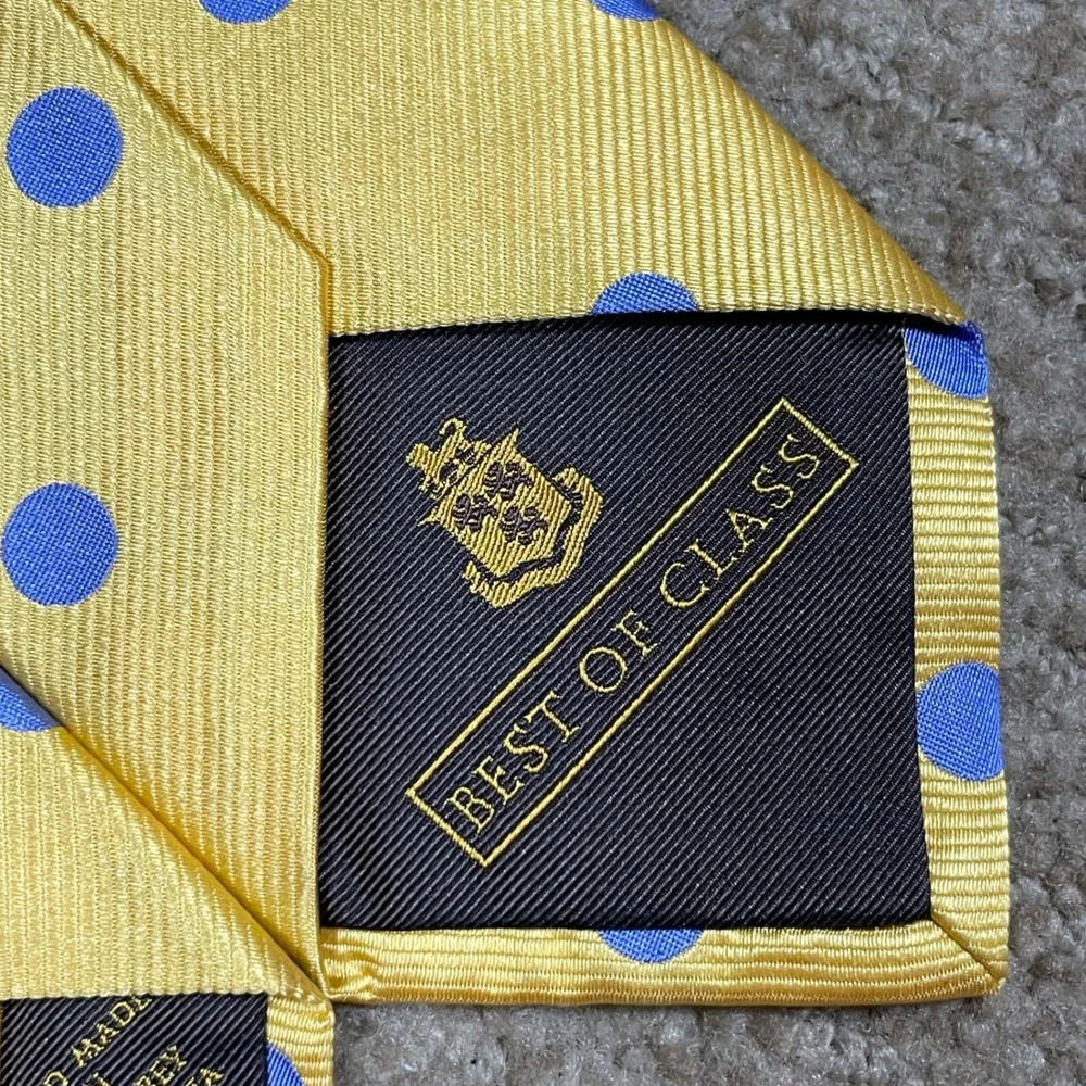 Robert Talbott Necktie Yellow Blue Polka Dot Silk Best of Class Preppy Handmade